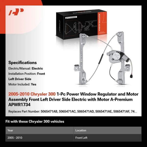 2005-2010 Chrysler 300 1-Pc Power Window Regulator and Motor Assembly Front Left Driver Side Electric with Motor A-Premium APWR1734