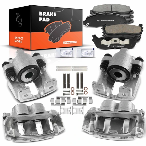 12-PC Brake Caliper + Brake Pad, Front & Rear, 2-Piston (Front); 1-Piston (Rear), A-Premium APBC3582