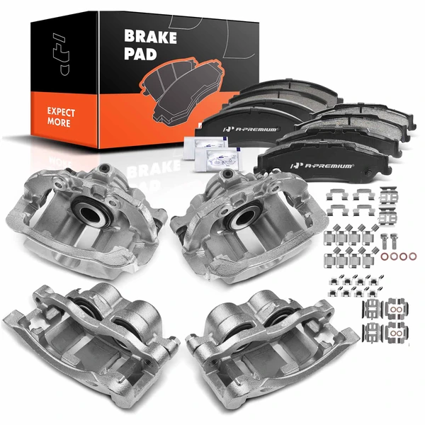 12-PC Brake Caliper + Brake Pad, Front & Rear, 2-Piston (Front); 1-Piston (Rear), A-Premium APBC3545