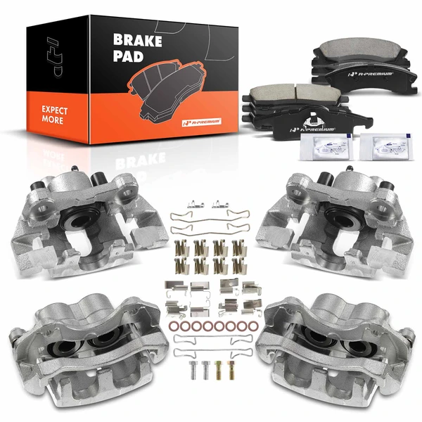 12 Pcs Front & Rear Brake Calipers & Ceramic Brake Pads for 1999-2004 Jeep Grand Cherokee