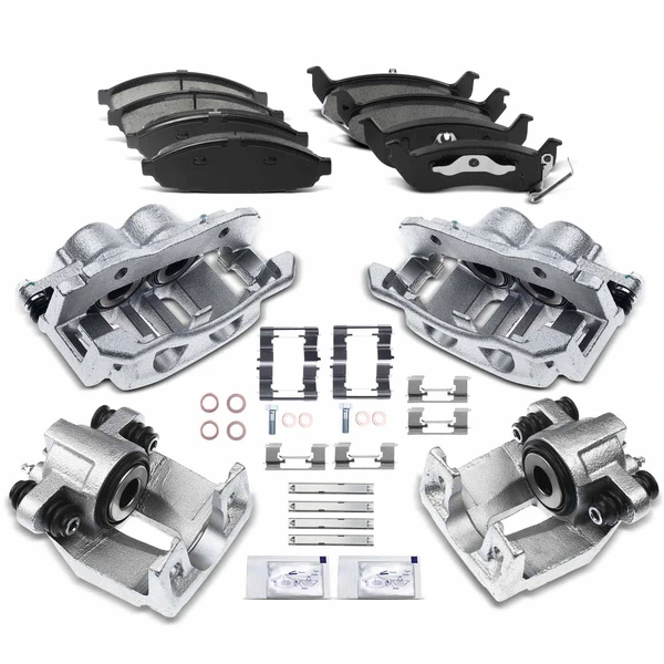 12 Pcs Front & Rear Brake Calipers & Ceramic Brake Pads for 2003-2011 Ford Crown Victoria