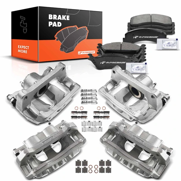12-PC Brake Caliper + Brake Pad, Front & Rear, 2-Piston (Front); 1-Piston (Rear), A-Premium APBC3591