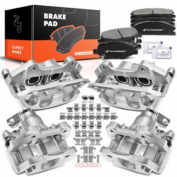 12-PC Brake Caliper + Brake Pad, Front & Rear, 2-Piston (Front); 1-Piston (Rear), A-Premium APBC3645