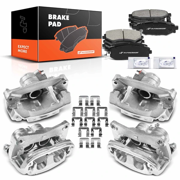 12-PC Brake Caliper + Brake Pad, Front & Rear, 2-Piston (Front); 1-Piston (Rear), A-Premium APBC3614