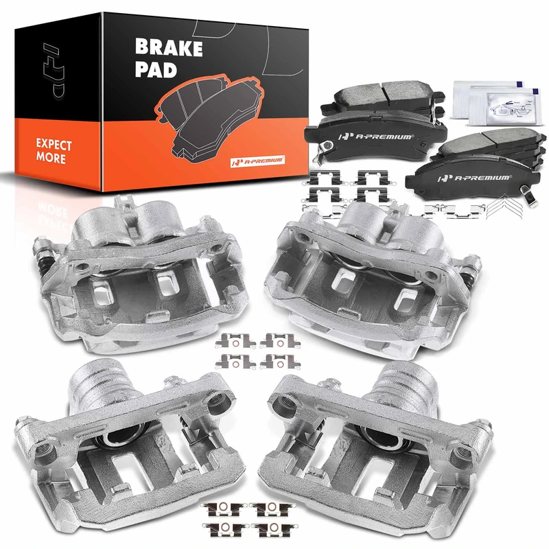 12-PC Brake Caliper + Brake Pad, Front & Rear, 2-Piston (Front); 1-Piston (Rear), A-Premium APBC3570