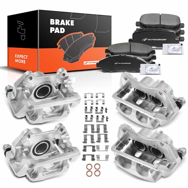 12-PC Brake Caliper + Brake Pad, Front & Rear, 2-Piston (Front); 1-Piston (Rear), A-Premium APBC3654