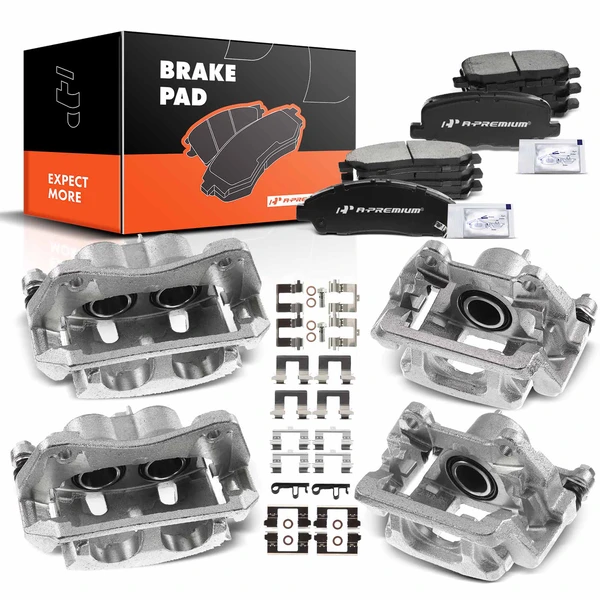 12-PC Brake Caliper + Brake Pad, Front & Rear, 2-Piston (Front); 1-Piston (Rear), A-Premium APBC3621