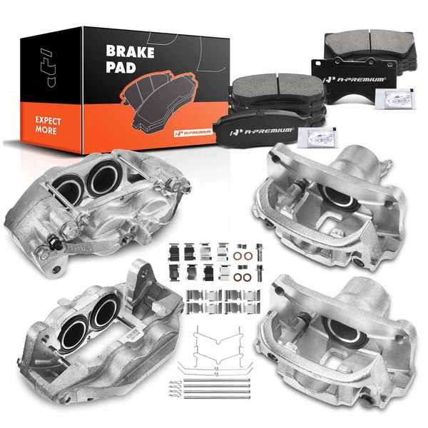 12-PC Brake Caliper + Brake Pad, Front & Rear, 4-Piston (Front); 1-Piston (Rear), A-Premium APBC3599