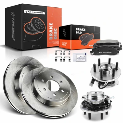 8 Pcs Front Disc Brake Rotor & Pads + Hub Bearing