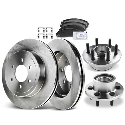8 Pcs Front Disc Brake Rotor & Pads + Hub Bearing