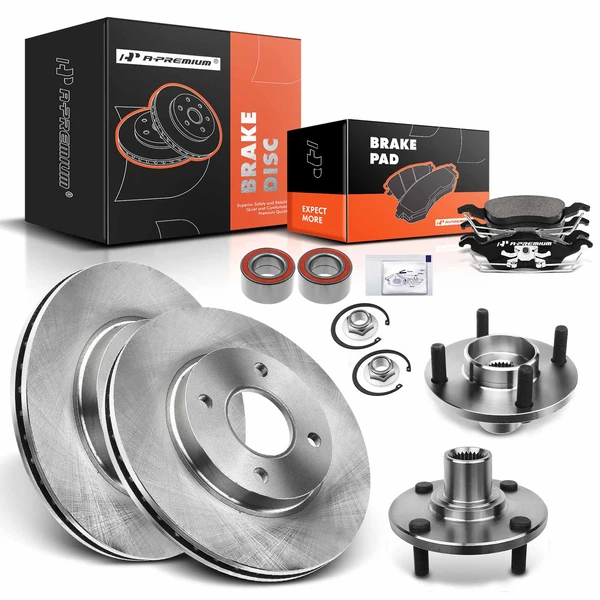8 Pcs Front Disc Brake Rotors & Ceramic Brake Pads & Hub Bearings for Ford Focus 00-04 2.0L