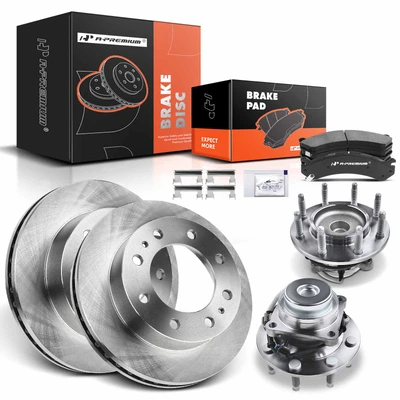8 Pcs Front Disc Brake Rotor & Pads + Hub Bearing