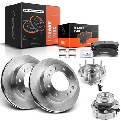 8 Pcs Front Disc Brake Rotor & Pads + Hub Bearing