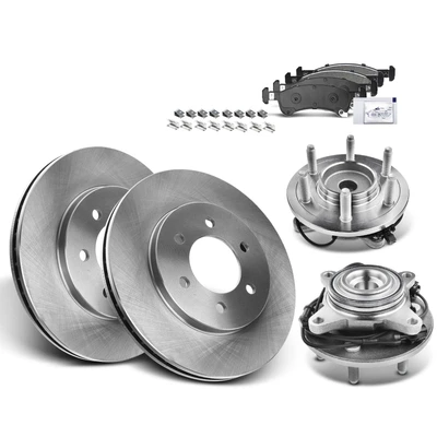 8 Pcs Front Disc Brake Rotor & Pads + Hub Bearing