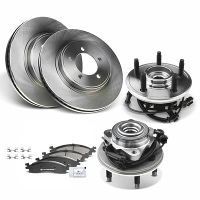 8 Pcs Front Disc Brake Rotor & Pads + Hub Bearing