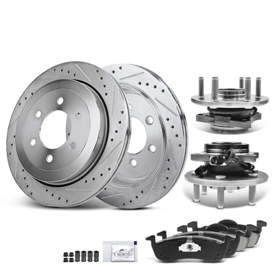 8 Pcs Rear Disc Brake Rotor & Pads + Hub Bearing