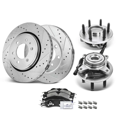 8 Pcs Front Disc Brake Rotor & Pads + Hub Bearing