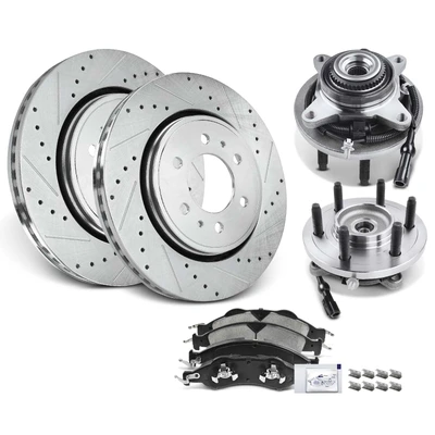 8 Pcs Front Disc Brake Rotor & Pads + Hub Bearing