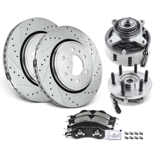 8 Pcs Front Disc Brake Rotor & Pads + Hub Bearing for Ford Expedition 07-09 4WD