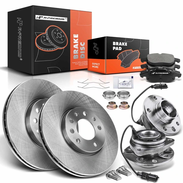 8 Pcs Front Disc Brake Rotors & Ceramic Brake Pads & Hub Bearings for 2003-2010 Saab 9-3