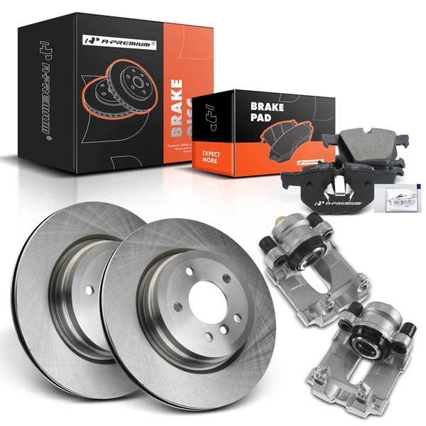 8 Pcs Rear Disc Brake Rotors & Ceramic Brake Pads & Brake Calipers for 2006 BMW 330i