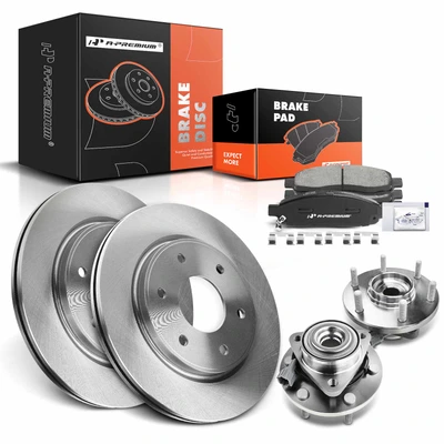 8 Pcs Front Disc Brake Rotor & Pads + Hub Bearing