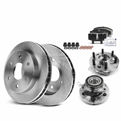 8 Pcs Front Disc Brake Rotor & Pads + Hub Bearing