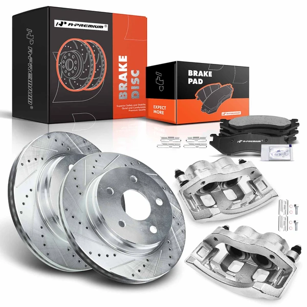 8 Pcs Front Drilled Brake Rotors & Pads + Brake Calipers for Dodge Ram 1500 2002-2005 Durango