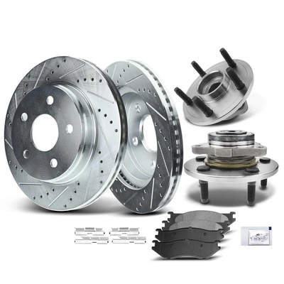 8 Pcs Front Drilled Brake Rotor & Pads + Wheel Hub Bearing