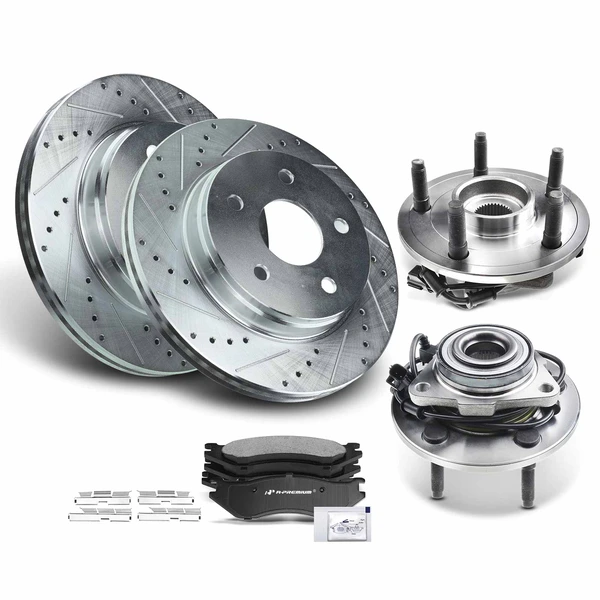 8 Pcs Front Drilled Brake Rotor & Pads + Wheel Hub Bearing for Dodge Ram 1500 2002-2005