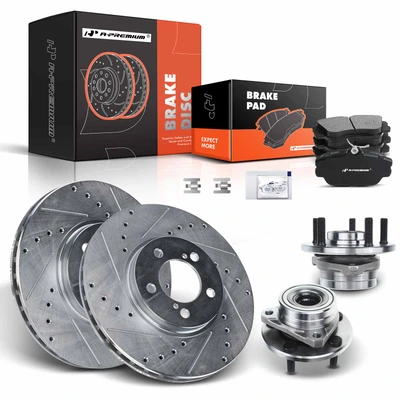 8 Pcs Front Drilled Brake Rotor & Pads + Wheel Hub Bearing