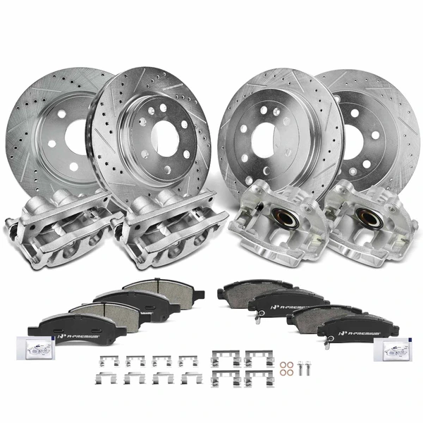 16 Pcs Front & Rear Drilled Brake Rotors & Pads + Brake Calipers for Chevy Traverse 09-17 GMC