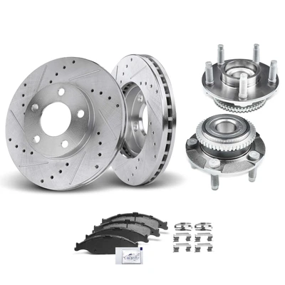 8 Pcs Front Drilled Brake Rotor & Pads + Wheel Hub Bearing