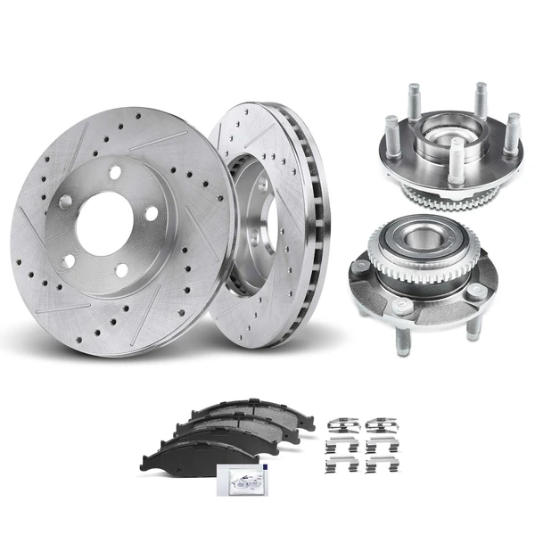 8 Pcs Front Drilled Brake Rotor & Pads + Wheel Hub Bearing for Ford Mustang 1999-2004