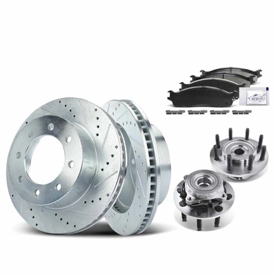 8 Pcs Front Drilled Brake Rotor & Pads + Wheel Hub Bearing