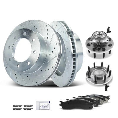 8 Pcs Front Drilled Brake Rotor & Pads + Wheel Hub Bearing
