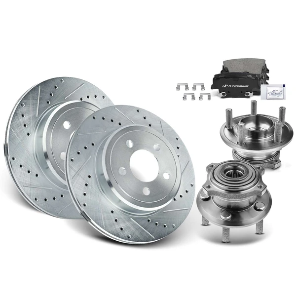 8 Pcs Rear Drilled Brake Rotor & Pads + Wheel Hub Bearing for Chevy 300 Dodge Charger