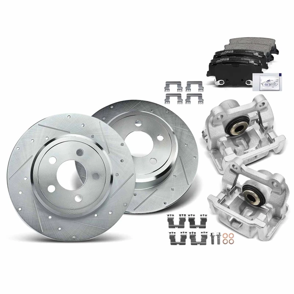 8 Pcs Rear Drilled Brake Rotors & Pads + Brake Calipers for Chrysler 300 Dodge Magnum