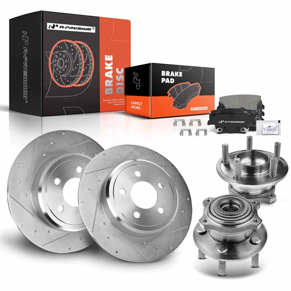 8 Pcs Rear Drilled Brake Rotor & Pads + Wheel Hub Bearing for Chrysler 300 05-09 Dodge