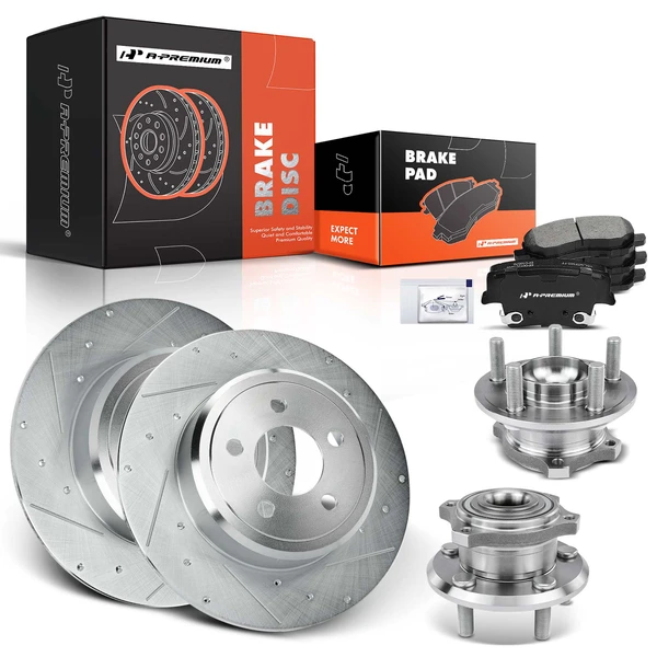 8 Pcs Rear Drilled Brake Rotor & Pads + Wheel Hub Bearing for Dodge Challenger 09-14