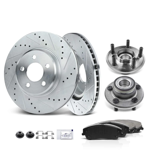 8 Pcs Front Drilled Brake Rotor & Pads + Wheel Hub Bearing for Dodge Magnum Challenger