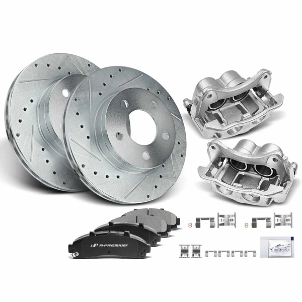 8 Pcs Front Drilled Brake Rotors & Pads + Brake Calipers for 1997-2001 Mercury Mountaineer