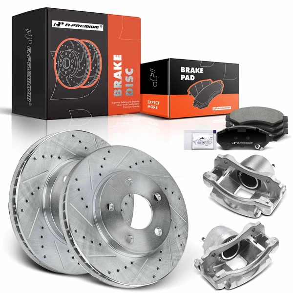 8 Pcs Front Drilled Brake Rotors & Pads + Brake Calipers for 1998-2002 Oldsmobile Intrigue