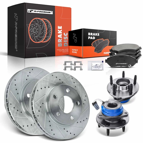 8 Pcs Front Drilled Brake Rotor & Pads + Wheel Hub Bearing for 1998-2002 Oldsmobile Intrigue