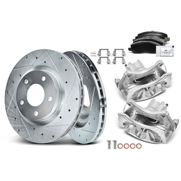 8 Pcs Front Drilled Brake Rotors & Pads + Brake Calipers for Chrysler Dodge Avenger Jeep Patriot