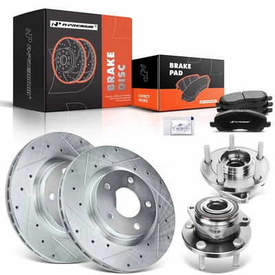 8 Pcs Front Drilled Brake Rotor & Pads + Wheel Hub Bearing