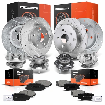 16 Pcs Front & Rear Drilled Brake Rotor & Pads + Wheel Hub Bearing