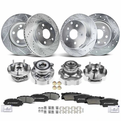 16 Pcs Front & Rear Drilled Brake Rotor & Pads + Wheel Hub Bearing