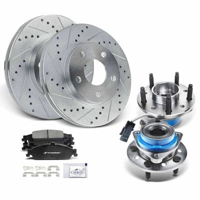 8 Pcs Front Drilled Brake Rotor & Pads + Wheel Hub Bearing