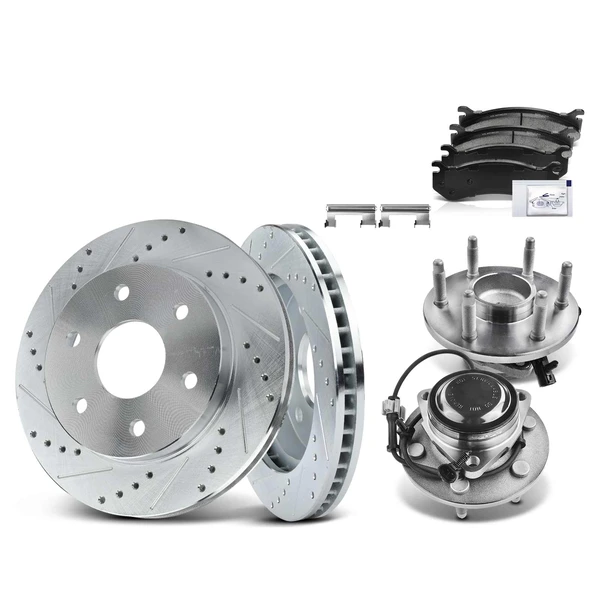 8 Pcs Front Drilled Brake Rotor & Pads + Wheel Hub Bearing for Chevy Silverado GMC Sierra